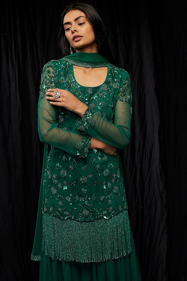 Green Georgette Bridal Sharara Set by Malasa at Pernia's Pop Up Shop