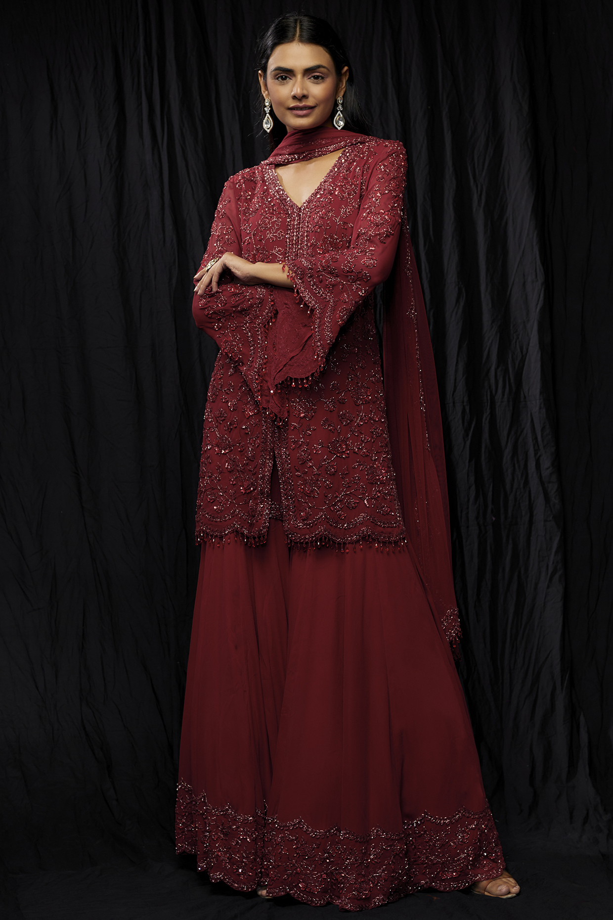 Red Georgette Sharara Set by Malasa at Pernia's Pop Up Shop