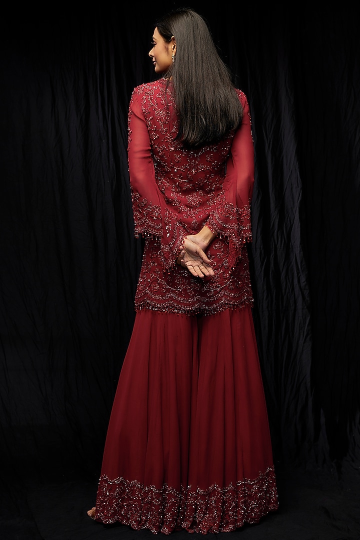 Red Georgette Bridal Sharara Set by Malasa at Pernia's Pop Up Shop