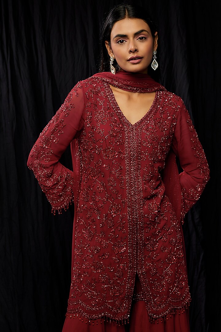 Red Georgette Bridal Sharara Set by Malasa at Pernia's Pop Up Shop