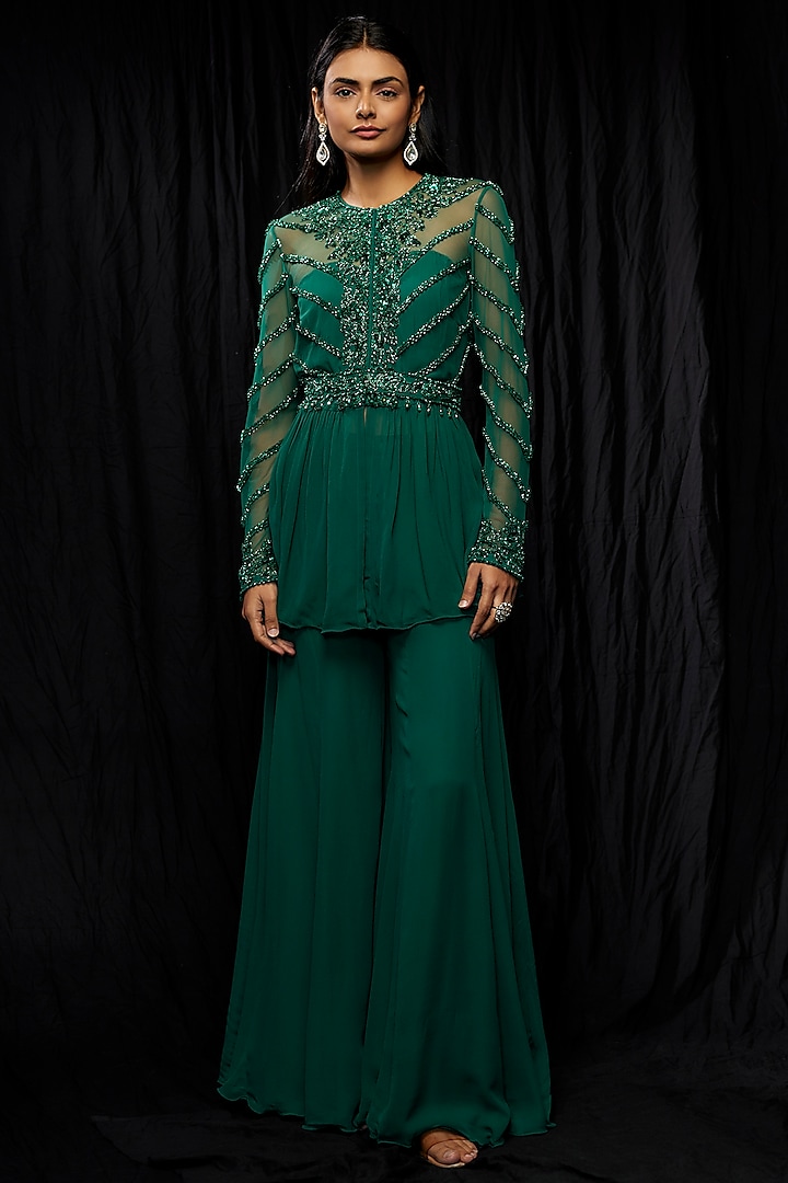 Green Georgette Sharara Set by Malasa at Pernia's Pop Up Shop