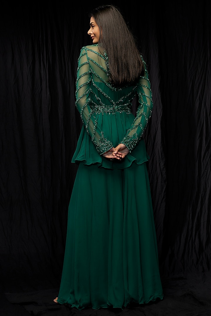 Green Georgette Wedding Sharara Set by Malasa at Pernia's Pop Up Shop