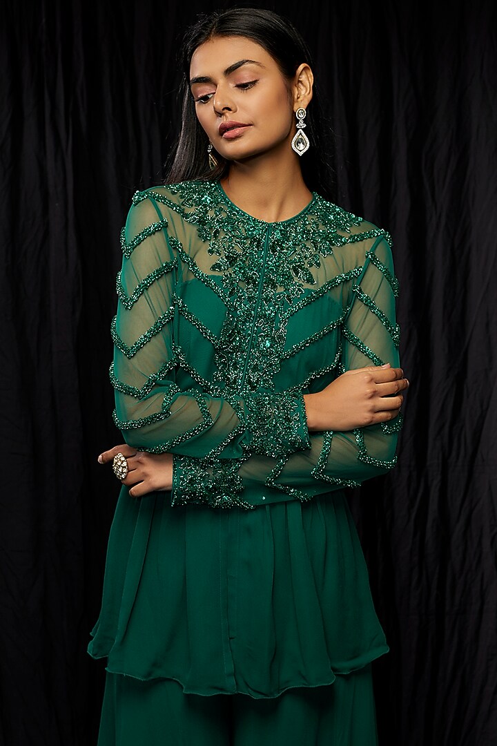 Green Georgette Wedding Sharara Set by Malasa at Pernia's Pop Up Shop