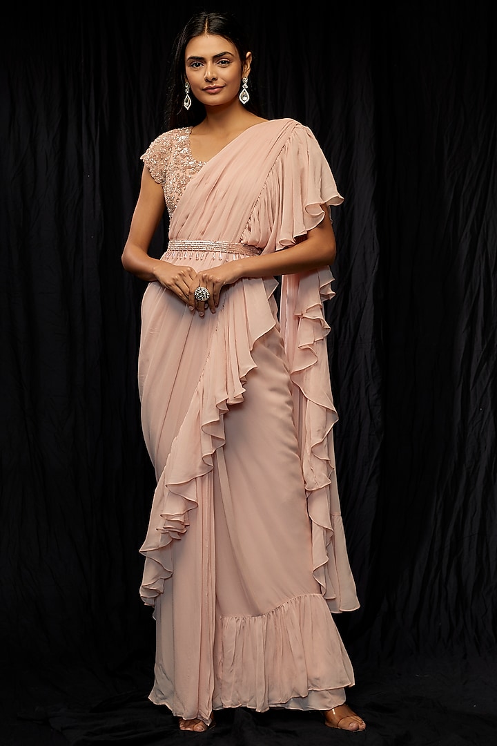 Blush Pink Ruffle Sari Set