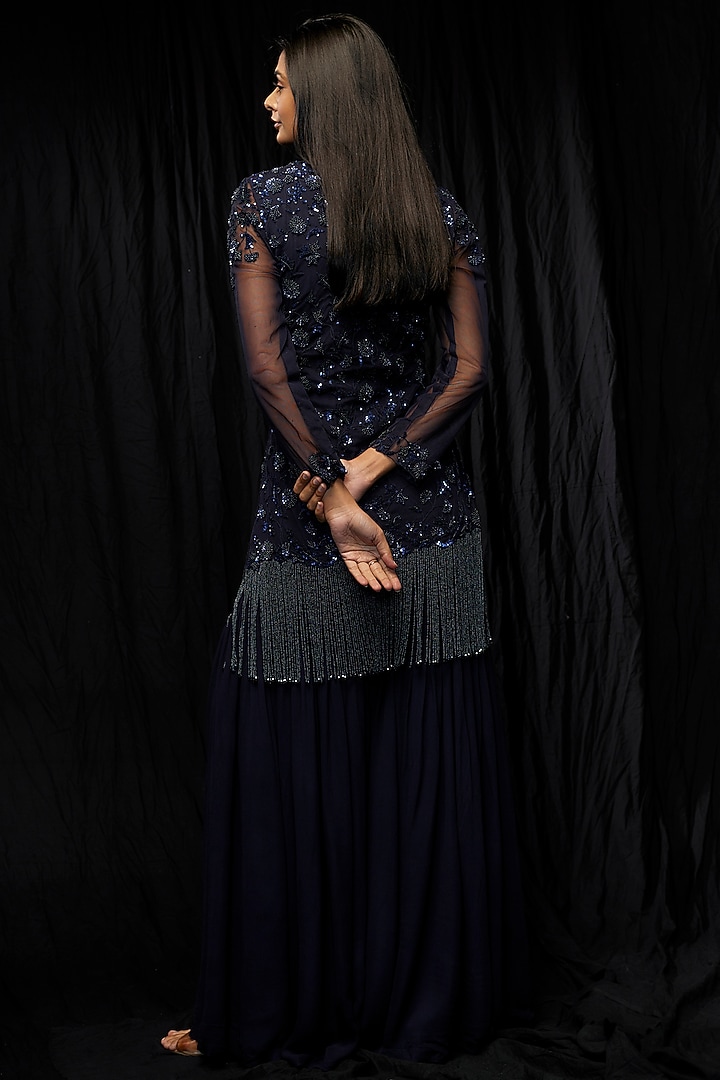 Navy Blue Georgette Bridal Sharara Set by Malasa at Pernia's Pop Up Shop