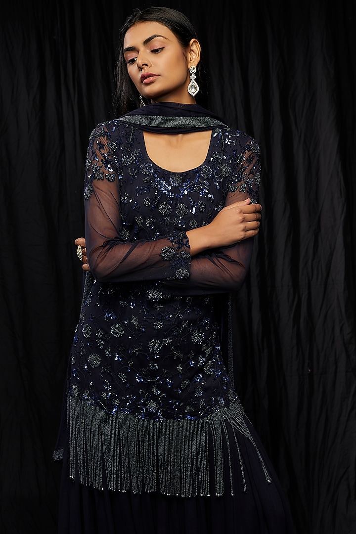 Navy Blue Georgette Bridal Sharara Set by Malasa at Pernia's Pop Up Shop