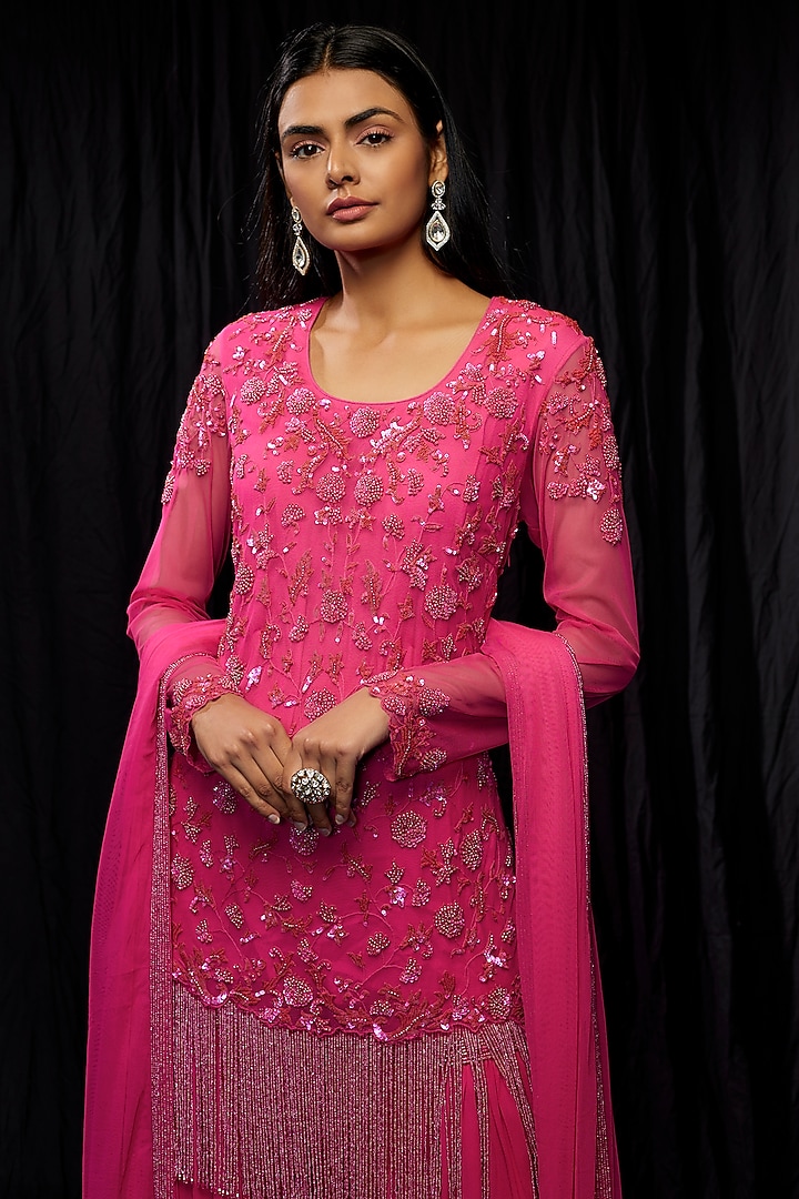 Pink Georgette Bridal Sharara Set by Malasa at Pernia's Pop Up Shop