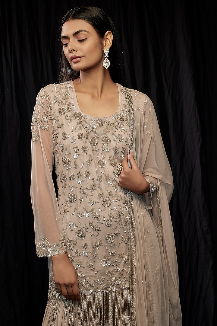 Beige Georgette Bridal Sharara Set by Malasa at Pernia's Pop Up Shop