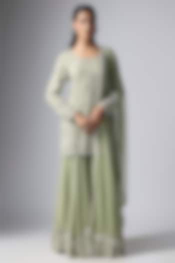 Seafoam-Colored Georgette Pearl Work Bridal Sharara Set by Malasa at Pernia's Pop Up Shop