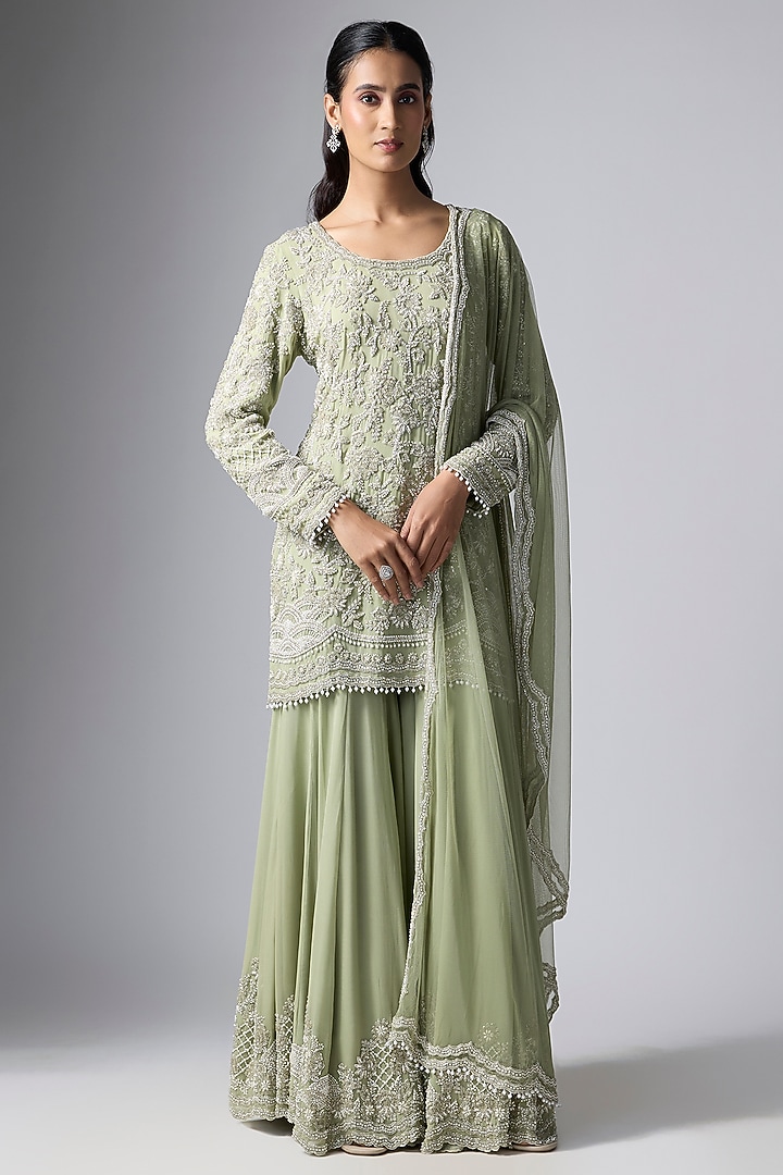 Seafoam-Colored Georgette Pearl Work Bridal Sharara Set by Malasa at Pernia's Pop Up Shop