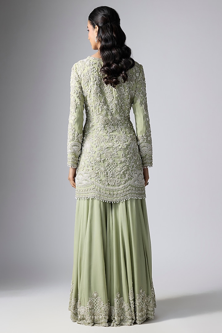 Seafoam-Colored Georgette Pearl Work Bridal Sharara Set by Malasa at Pernia's Pop Up Shop