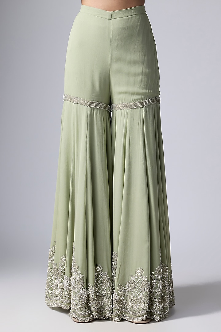 Seafoam-Colored Georgette Pearl Work Bridal Sharara Set by Malasa at Pernia's Pop Up Shop