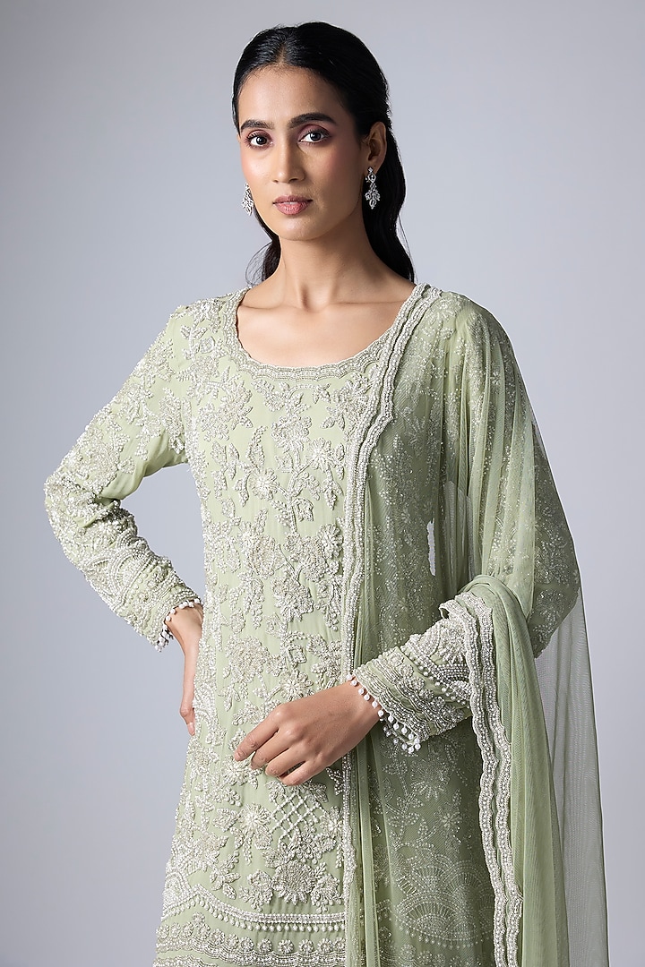 Seafoam-Colored Georgette Pearl Work Bridal Sharara Set by Malasa at Pernia's Pop Up Shop