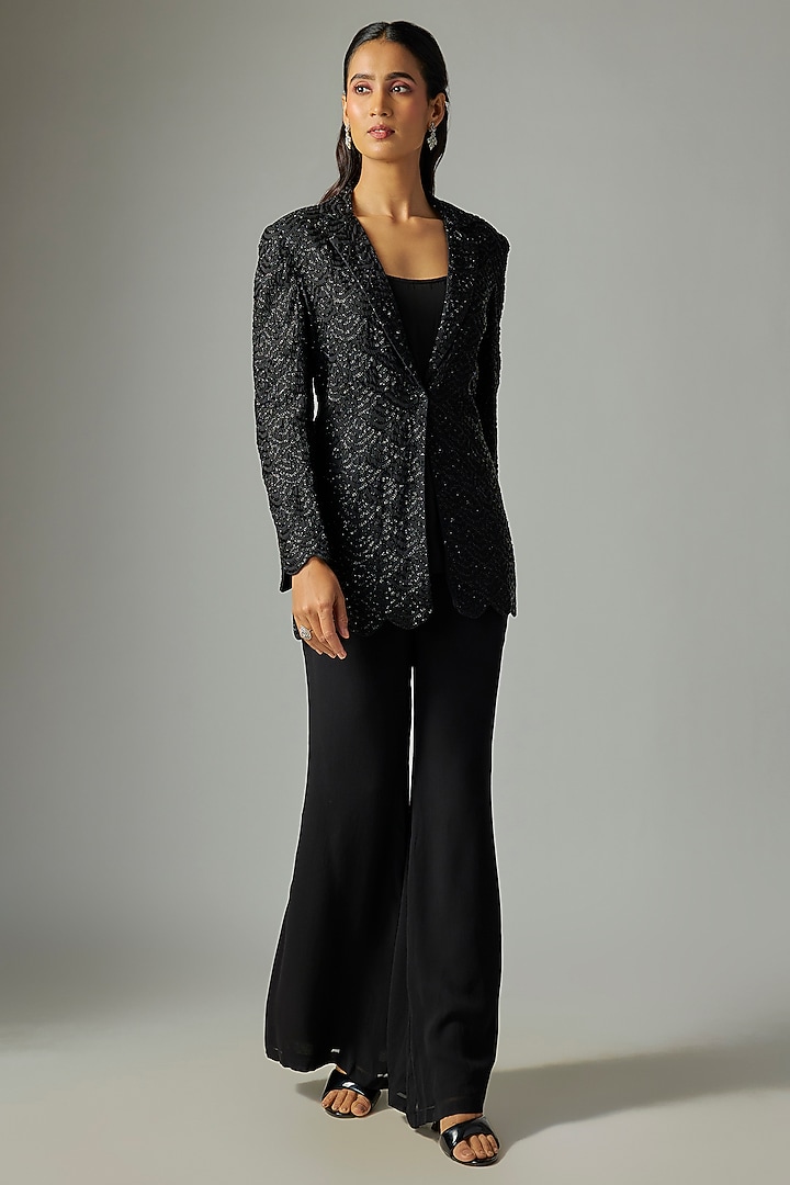 Black Georgette Cutdana Work Jacket Set by Malasa at Pernia's Pop Up Shop
