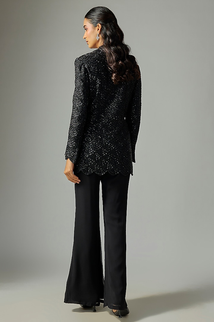 Black Georgette Cutdana Work Jacket Set by Malasa at Pernia's Pop Up Shop