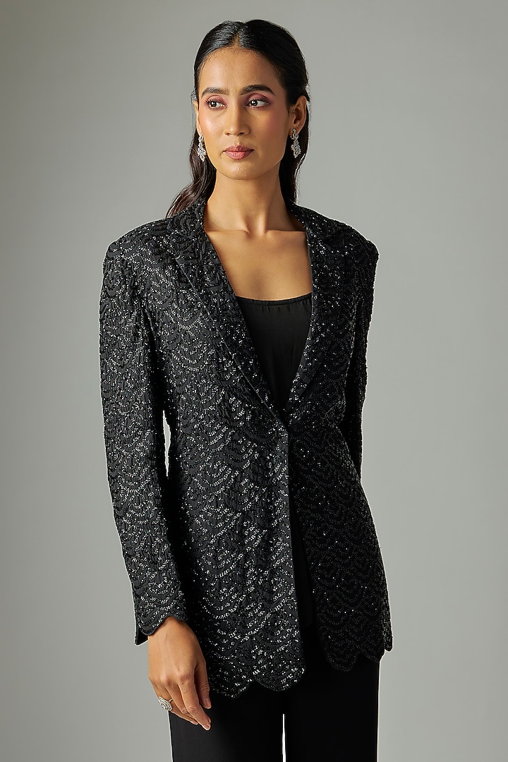 Black Georgette Cutdana Work Jacket Set by Malasa at Pernia's Pop Up Shop