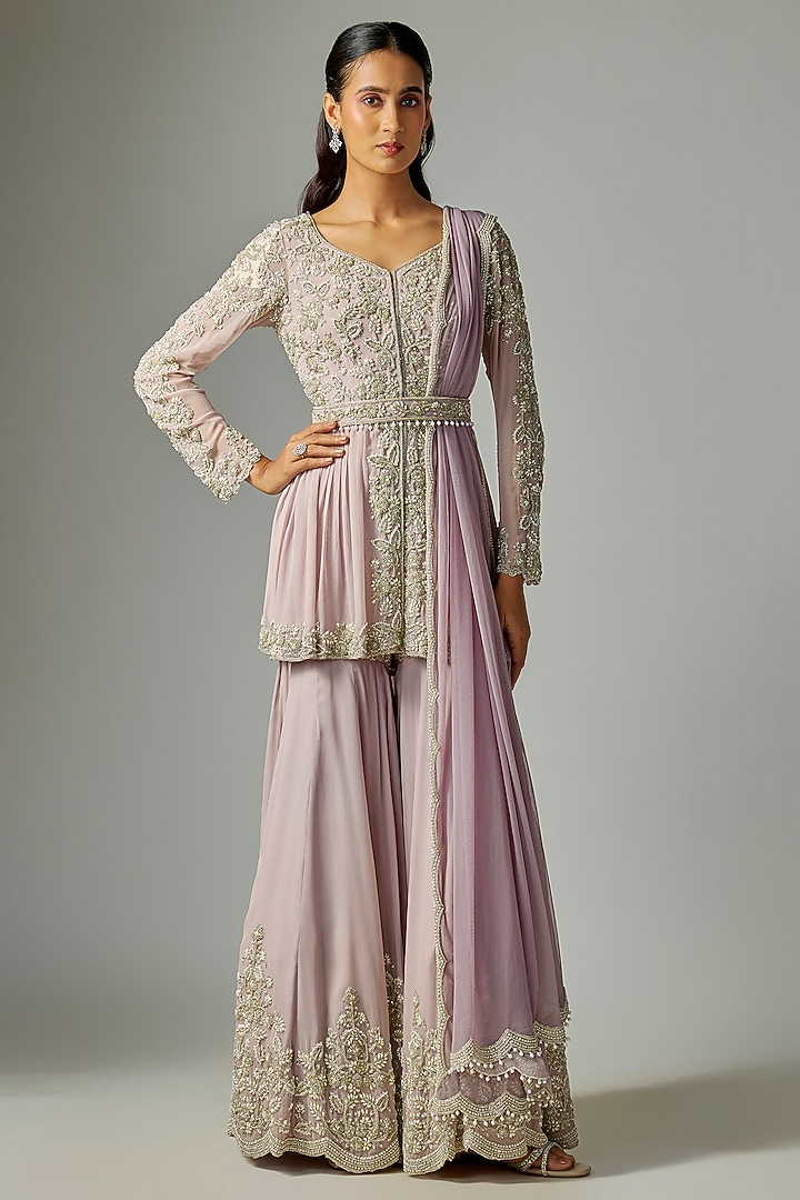 Lilac Georgette Pearl Work Bridal Sharara Set by Malasa at Pernia's Pop Up Shop