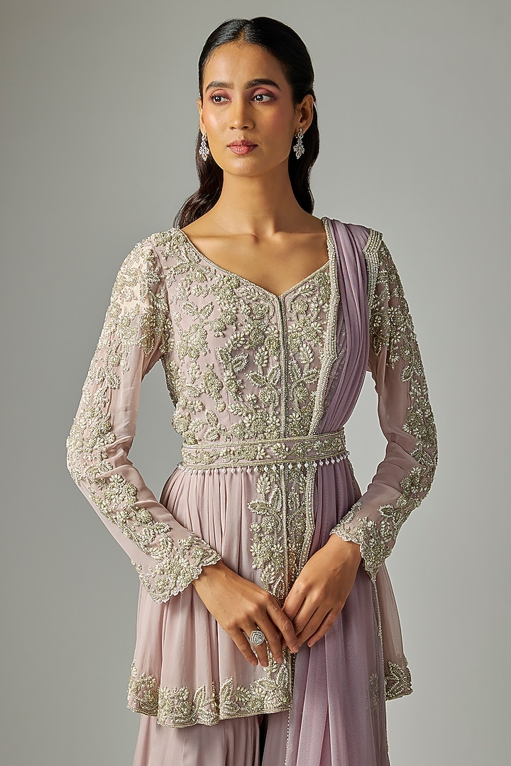 Lilac Georgette Pearl Work Bridal Sharara Set by Malasa at Pernia's Pop Up Shop
