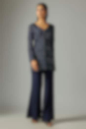 Blue Georgette Cutdana Work Jacket Set by Malasa at Pernia's Pop Up Shop