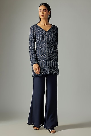 Blue Georgette Cutdana Work Jacket Set by Malasa