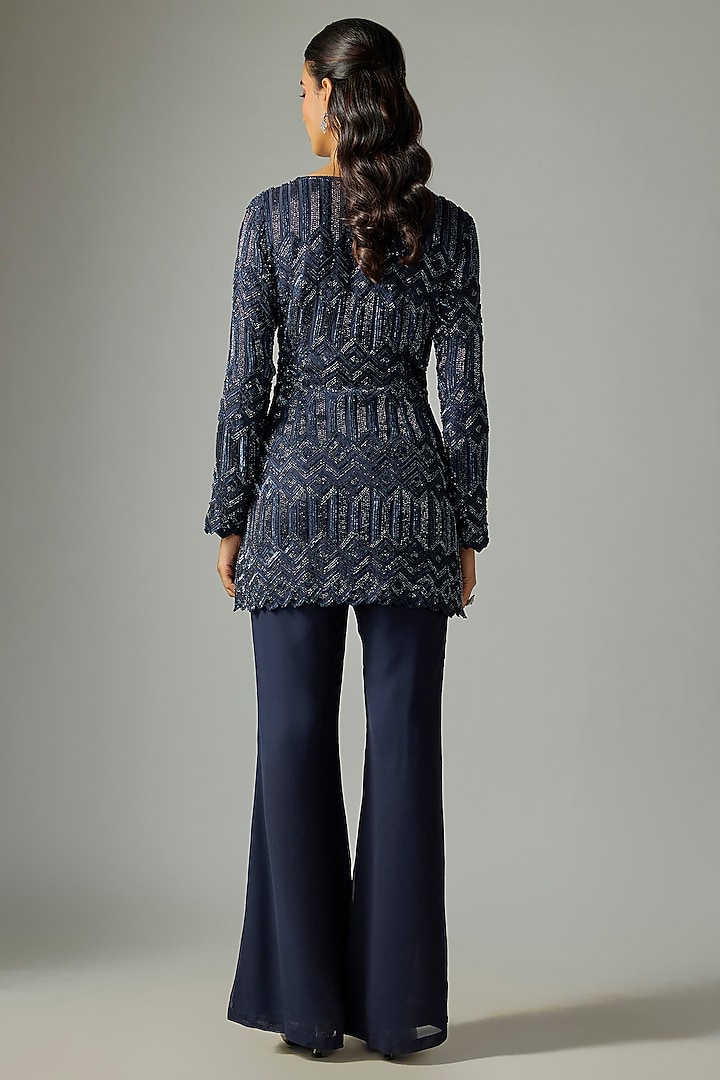 Blue Georgette Cutdana Work Jacket Set by Malasa at Pernia's Pop Up Shop