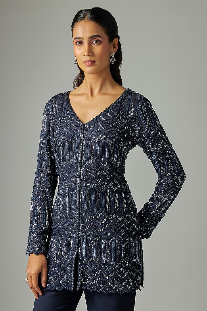 Blue Georgette Cutdana Work Jacket Set by Malasa at Pernia's Pop Up Shop