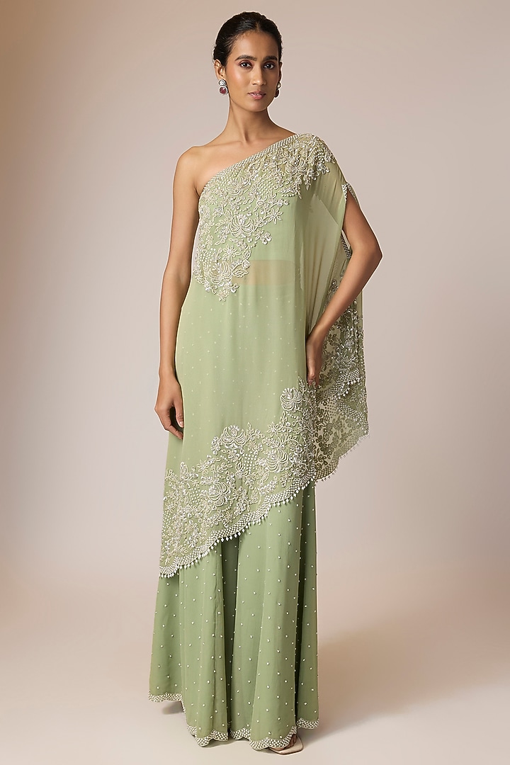 Sage Green Georgette Embroidered Cape Set by Malasa at Pernia's Pop Up Shop