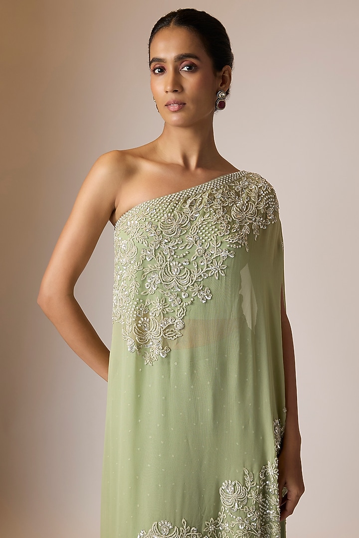 Sage Green Georgette Embroidered Cape Set by Malasa at Pernia's Pop Up Shop