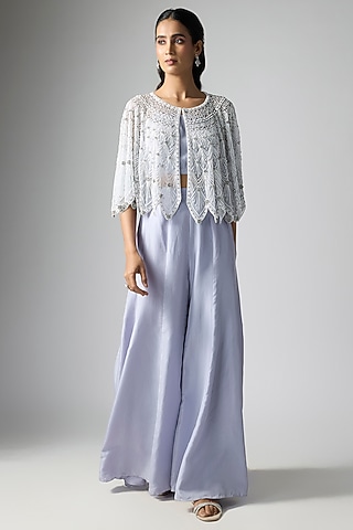 Sea Blue Silk Satin Sharara Set by Malasa