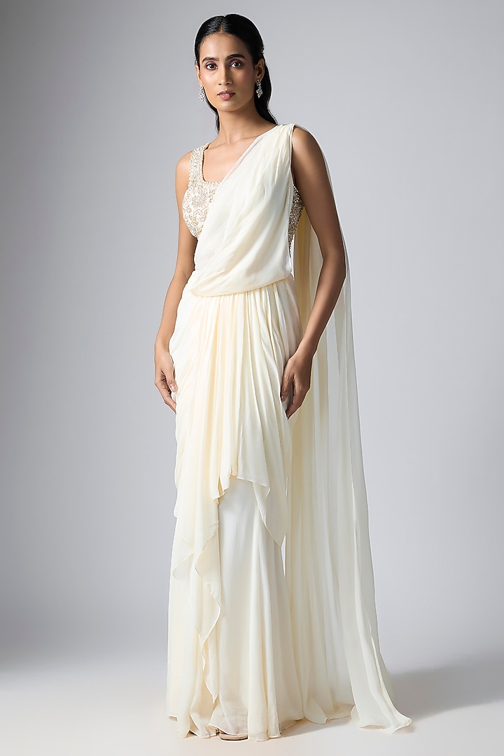 Cream Georgette Wedding Saree Set by Malasa at Pernia's Pop Up Shop