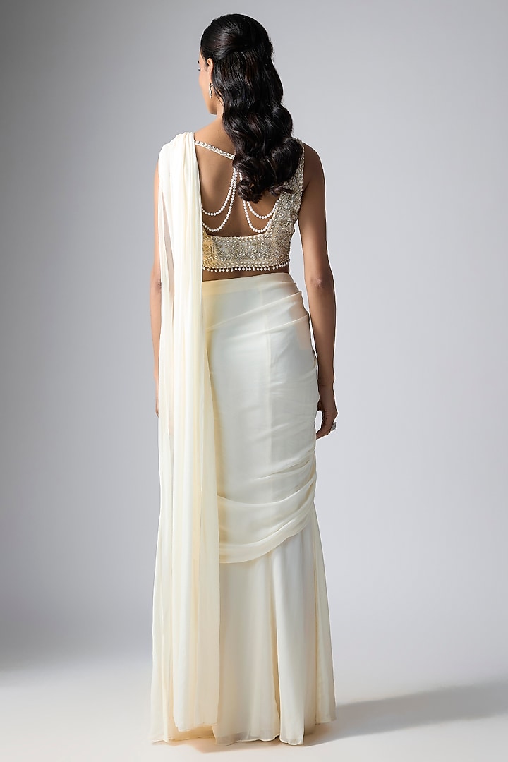 Cream Georgette Reception Saree Set by Malasa at Pernia's Pop Up Shop