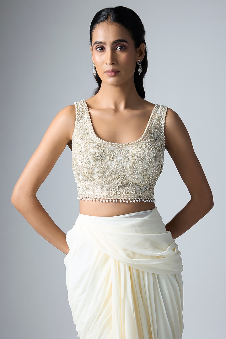 Cream Georgette Reception Saree Set by Malasa at Pernia's Pop Up Shop