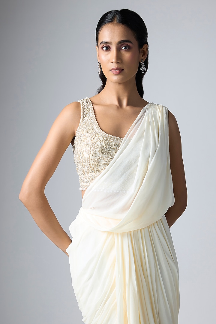 Cream Georgette Reception Saree Set by Malasa at Pernia's Pop Up Shop