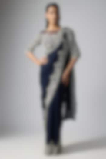 Blue Georgette Pearl Work Reception Saree Set by Malasa at Pernia's Pop Up Shop