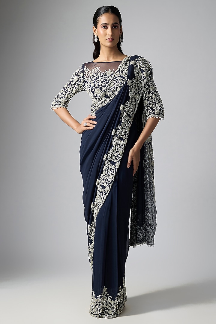 Blue Georgette Pearl Work Reception Saree Set by Malasa at Pernia's Pop Up Shop