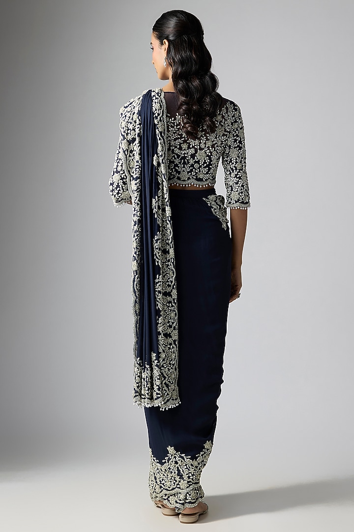 Blue Georgette Pearl Work Reception Saree Set by Malasa at Pernia's Pop Up Shop
