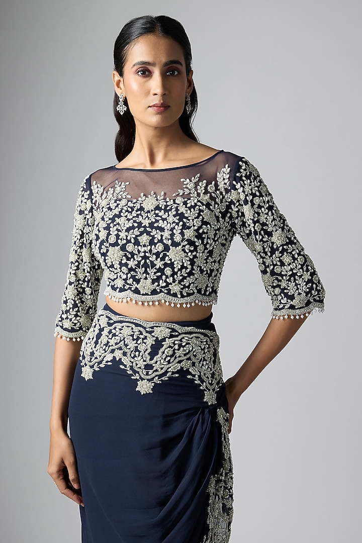 Blue Georgette Pearl Work Reception Saree Set by Malasa at Pernia's Pop Up Shop