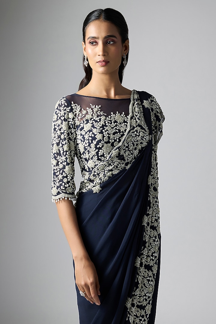 Blue Georgette Pearl Work Reception Saree Set by Malasa at Pernia's Pop Up Shop