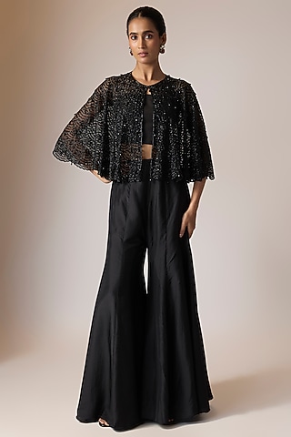 Black Satin Silk Sharara Set by Malasa