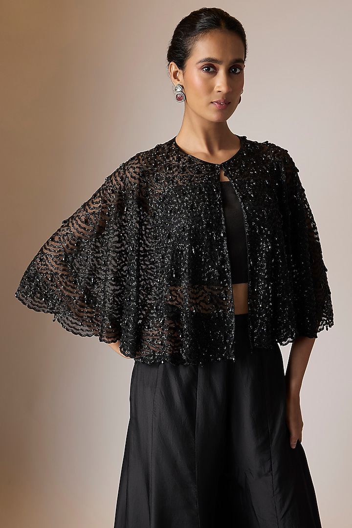 Black Satin Silk Wedding Sharara Set by Malasa at Pernia's Pop Up Shop