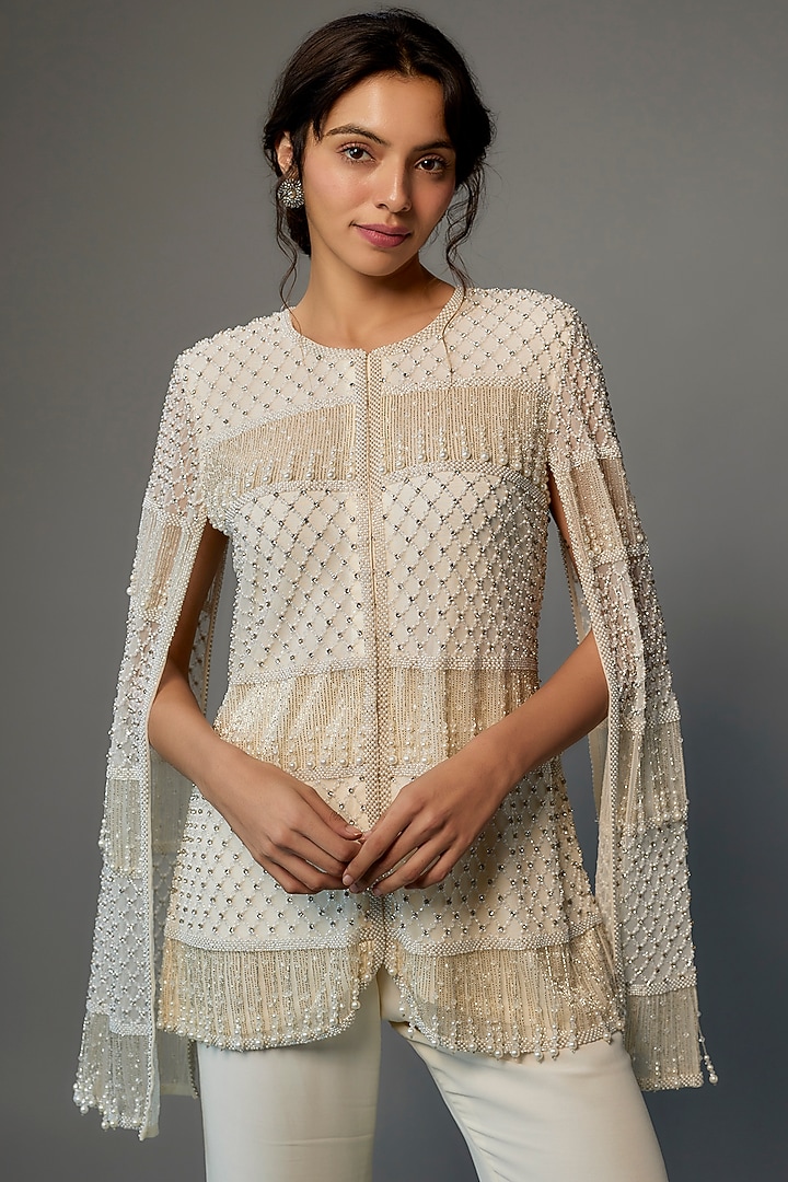 Ivory Net Embroidered Jacket Set by Malasa at Pernia's Pop Up Shop
