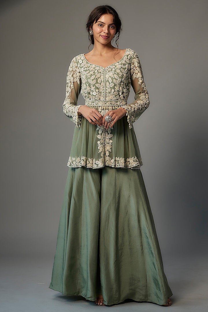 Green Silk Satin Sharara Set by Malasa at Pernia's Pop Up Shop