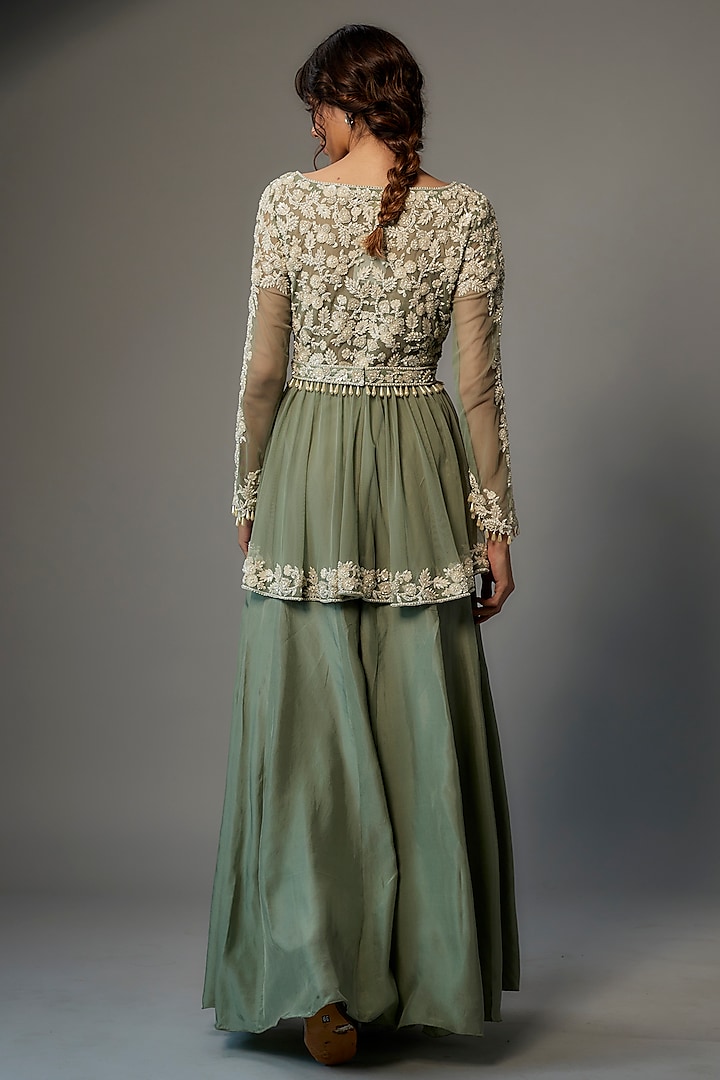 Green Silk Satin Wedding Sharara Set by Malasa at Pernia's Pop Up Shop