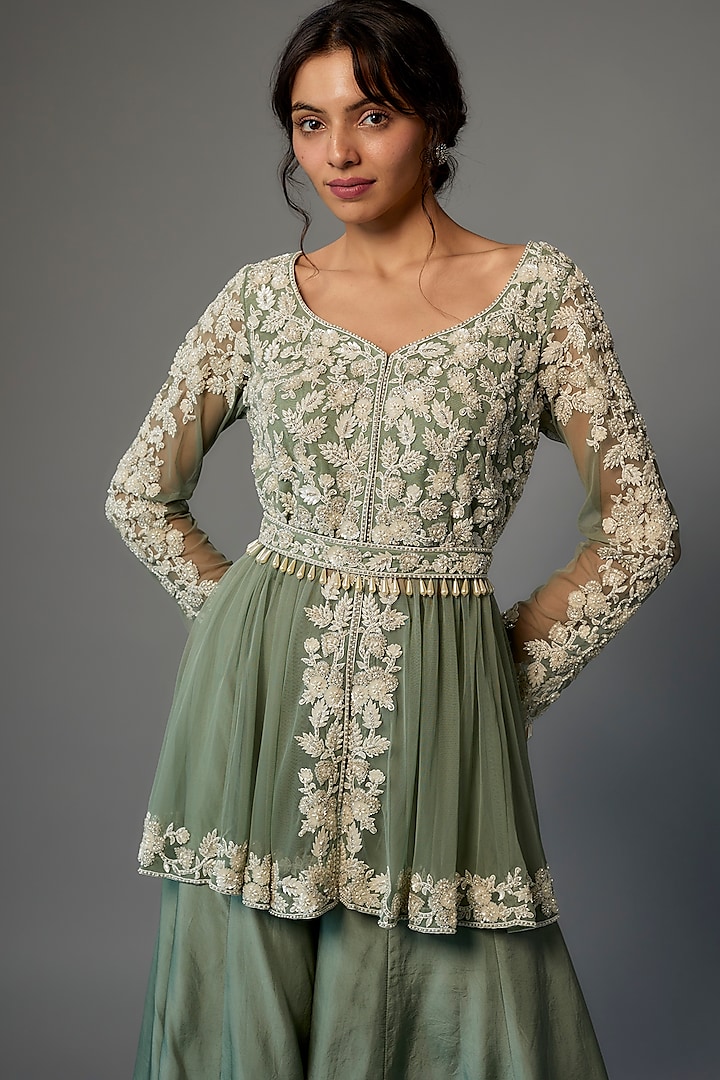 Green Silk Satin Wedding Sharara Set by Malasa at Pernia's Pop Up Shop