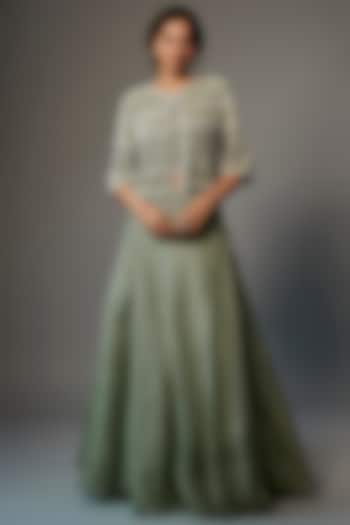 Green Net Embroidered Jacket Set by Malasa at Pernia's Pop Up Shop