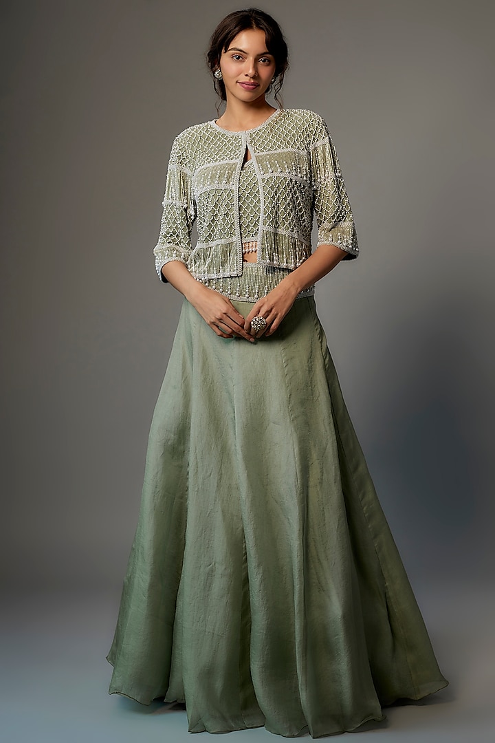 Green Net Embroidered Jacket Set by Malasa at Pernia's Pop Up Shop