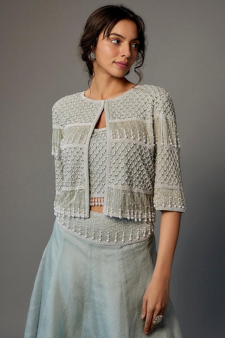 Green Net Embroidered Jacket Set by Malasa at Pernia's Pop Up Shop
