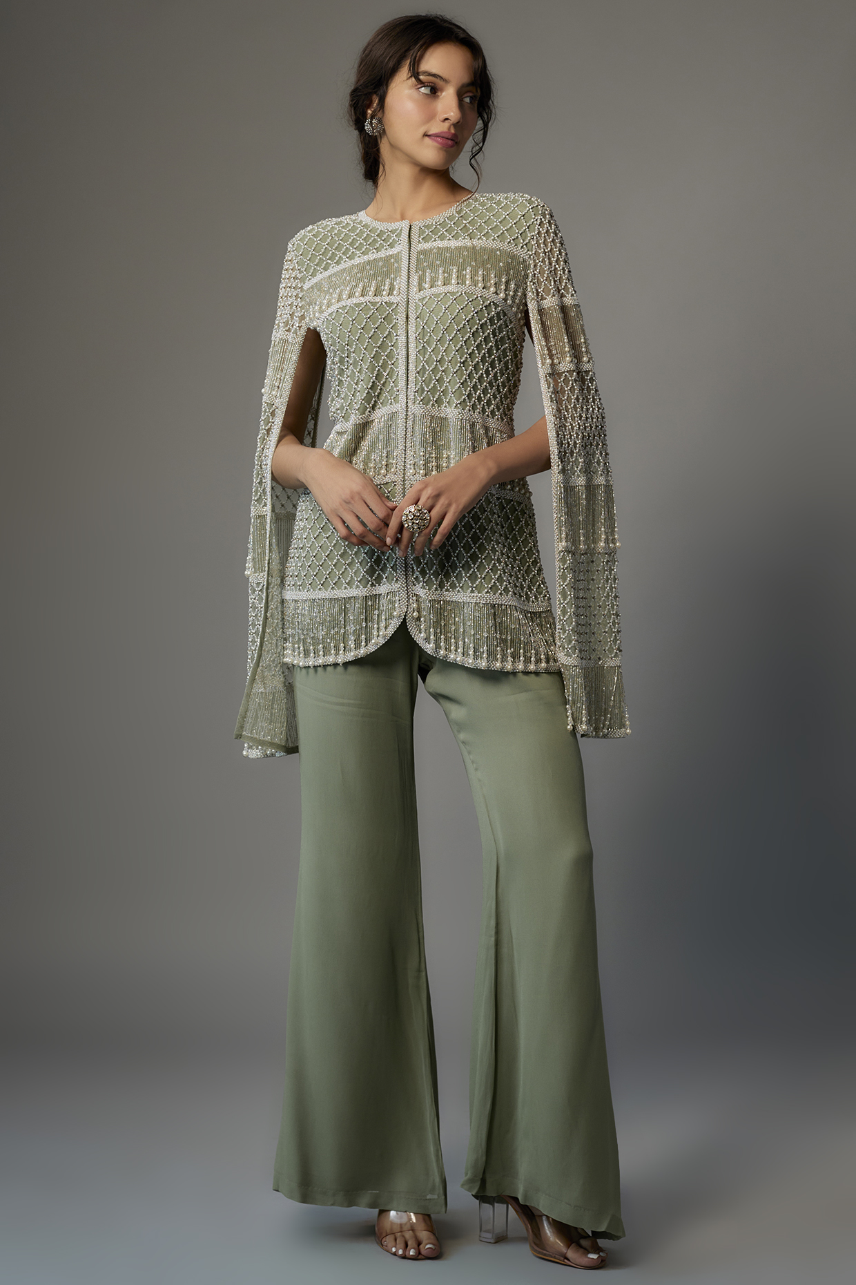 Green Net Embroidered Jacket Set by Malasa at Pernia's Pop Up Shop