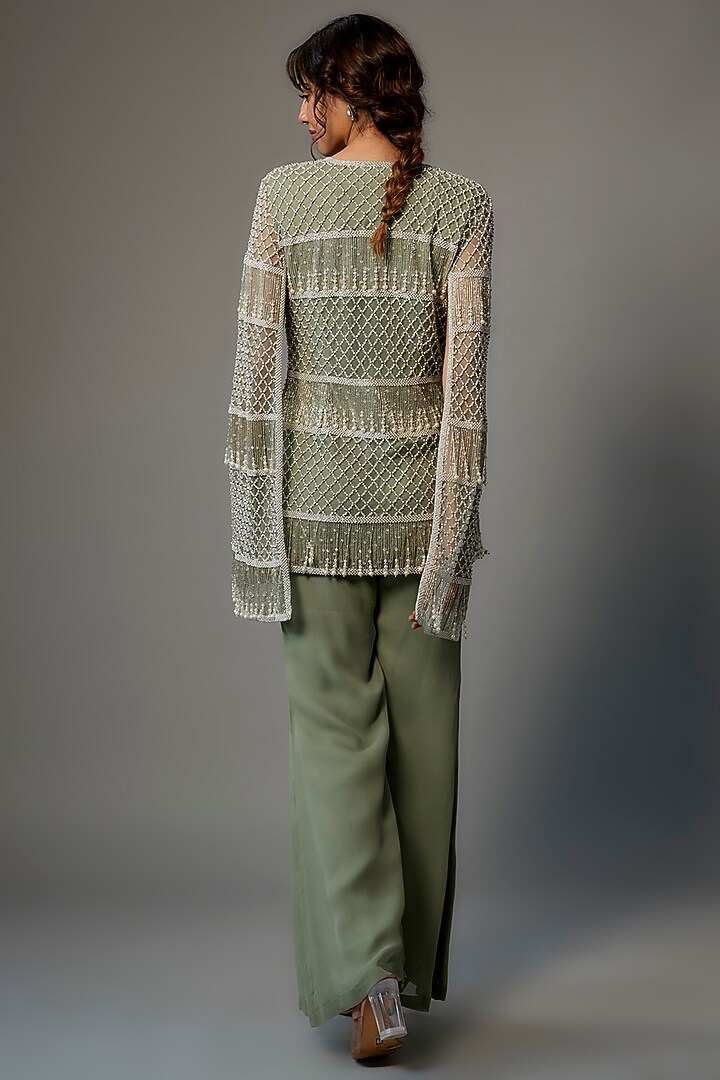 Green Net Embroidered Jacket Set by Malasa at Pernia's Pop Up Shop