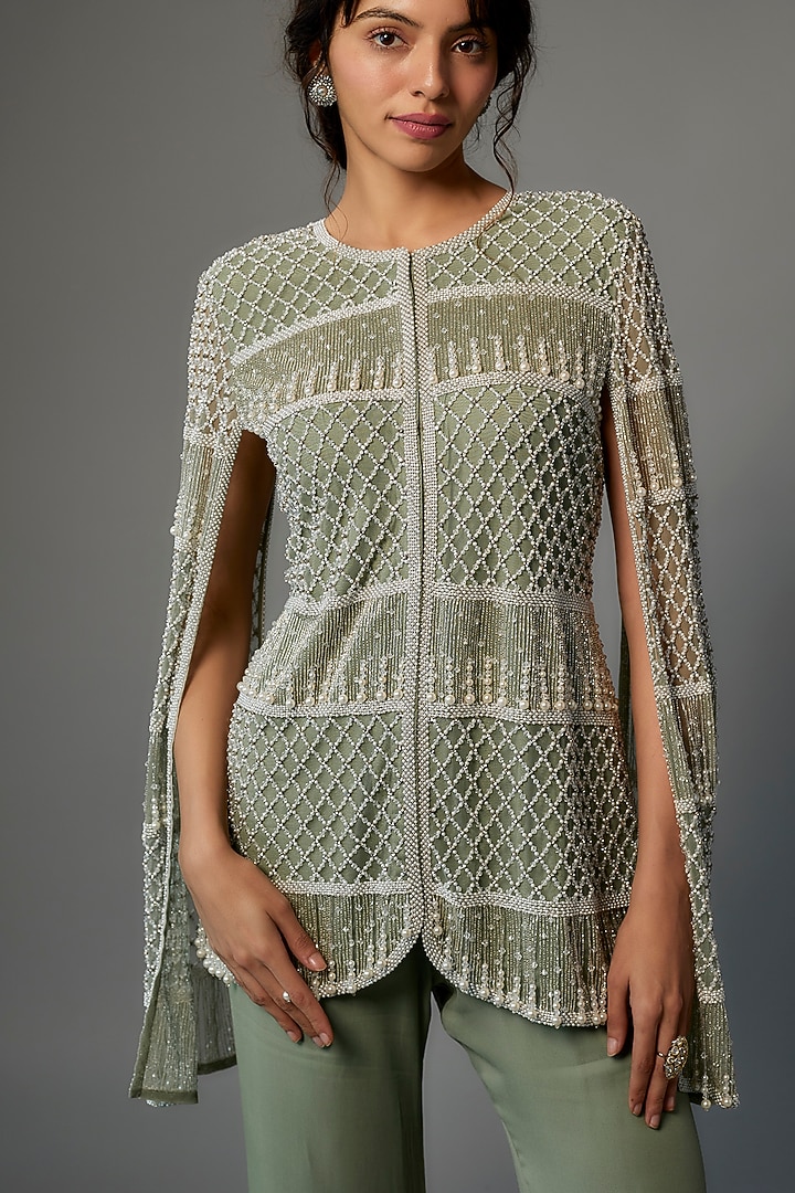 Green Net Embroidered Jacket Set by Malasa at Pernia's Pop Up Shop